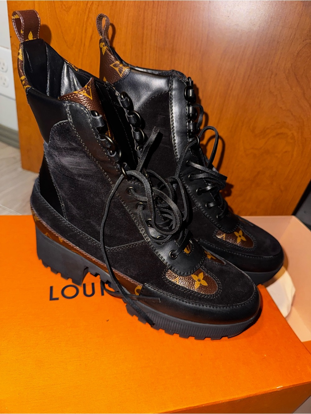 Louis Vuitton Black & Brown Lace-Up Platform Combat Boots